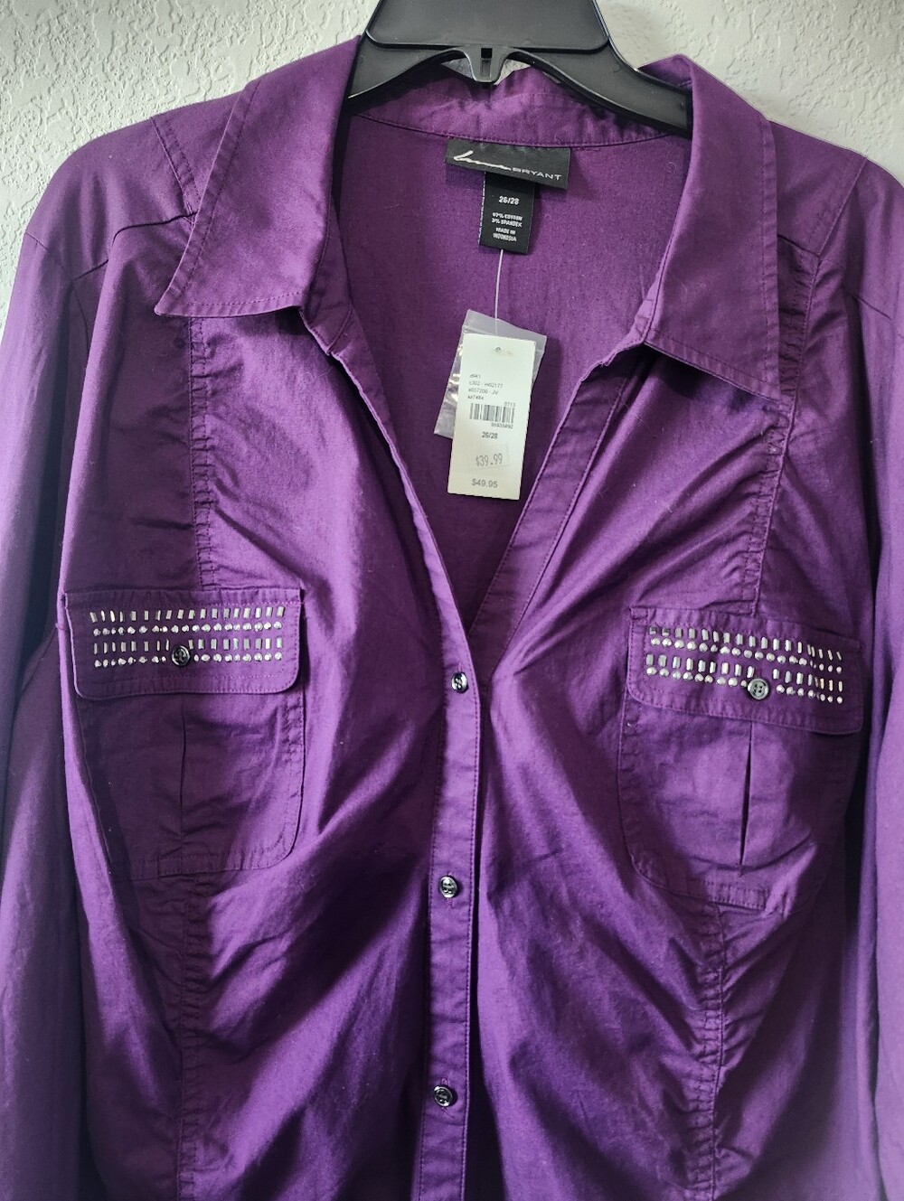 Lane Bryant Size 26/28 Purple V-neck 3/4 Roll Tab Sleeve Button Down Blouse